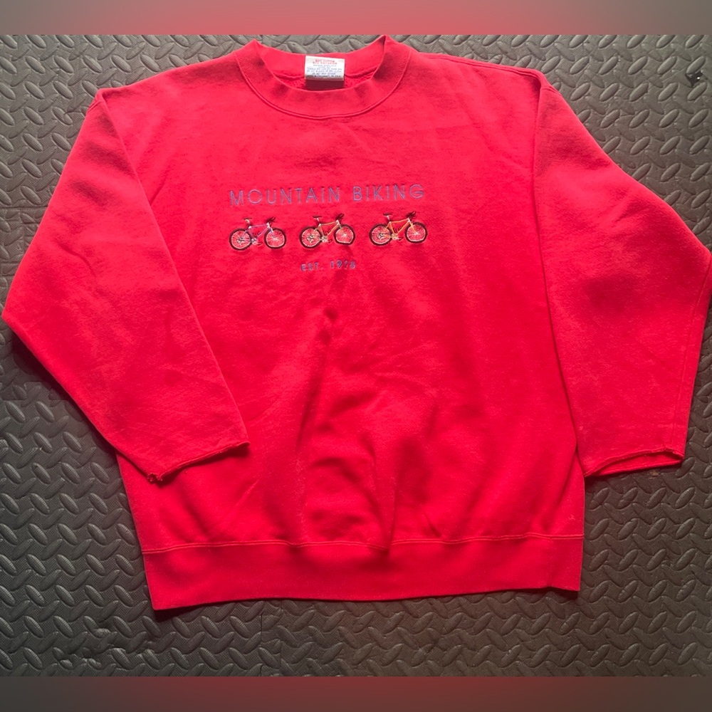 Men's Red Crewneck Sweater with Mountain Biking Design